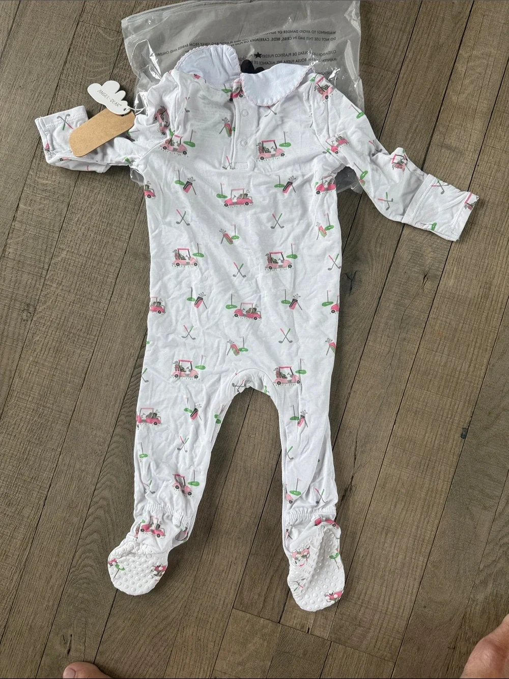 Angel Dear White One-Piece with Pink and Green Golf Cart Print
